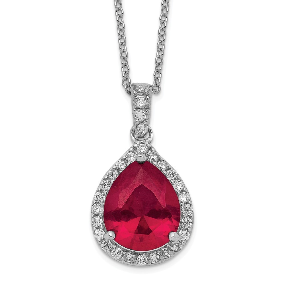 925 Sterling Silver  Lab Created Ruby &  White CZ Teardrop Halo 18"Necklace